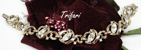 Trifari Bracelet Gold Tone Crystal Rhinestones 7"x5/8"