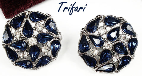 Crown Trifari Earrings 3/4" Dark Sapphire Pears Crystal Rounds