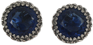 Vintage Earrings 1" Antiqued Silver Tone Large Dark Sapphire Blue Dentelle Round