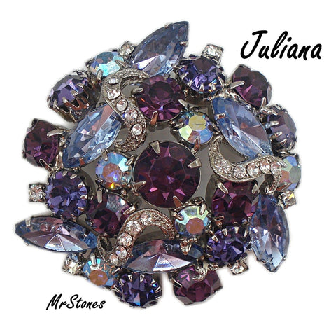 Juliana 2" Brooch Domed Bi-Color Scalloped Light Sapphire Ruby Amethyst AB's