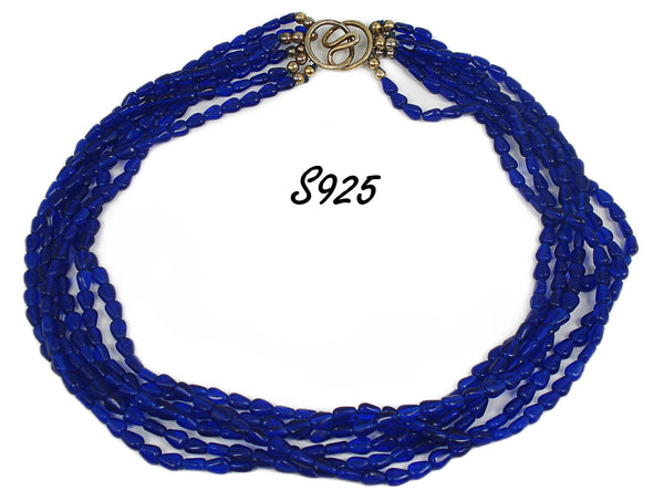 Art Deco Necklace 925 Vermeil 6 Strands Cobalt Blue Czech Glass Beads 18" x 1"