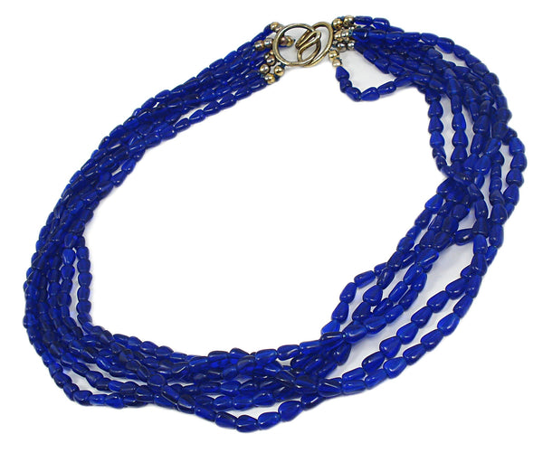 Art Deco Necklace 925 Vermeil 6 Strands Cobalt Blue Czech Glass Beads 18" x 1"