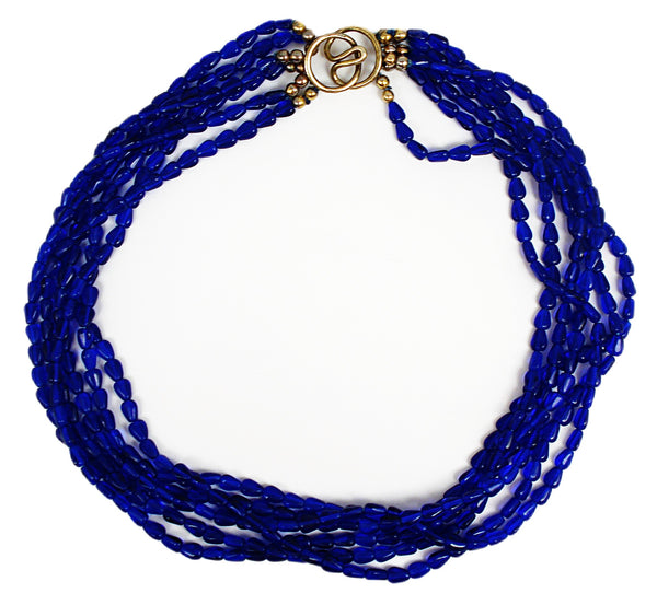 Art Deco Necklace 925 Vermeil 6 Strands Cobalt Blue Czech Glass Beads 18" x 1"