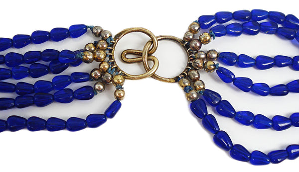 Art Deco Necklace 925 Vermeil 6 Strands Cobalt Blue Czech Glass Beads 18" x 1"