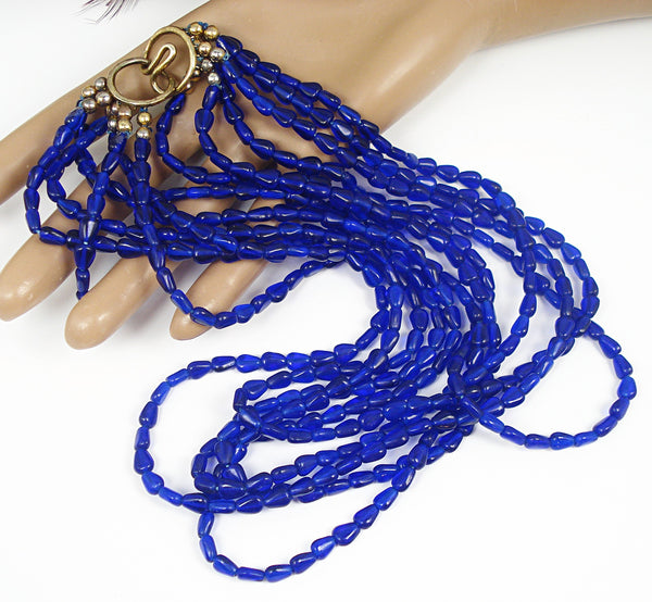 Art Deco Necklace 925 Vermeil 6 Strands Cobalt Blue Czech Glass Beads 18" x 1"