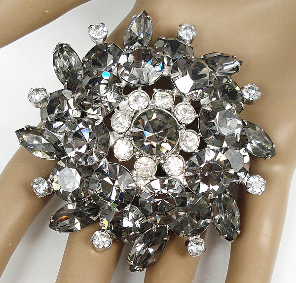 Juliana Weiss? Large 2 3/4" Brooch Black Diamond Rhinestones Crystal Rounds