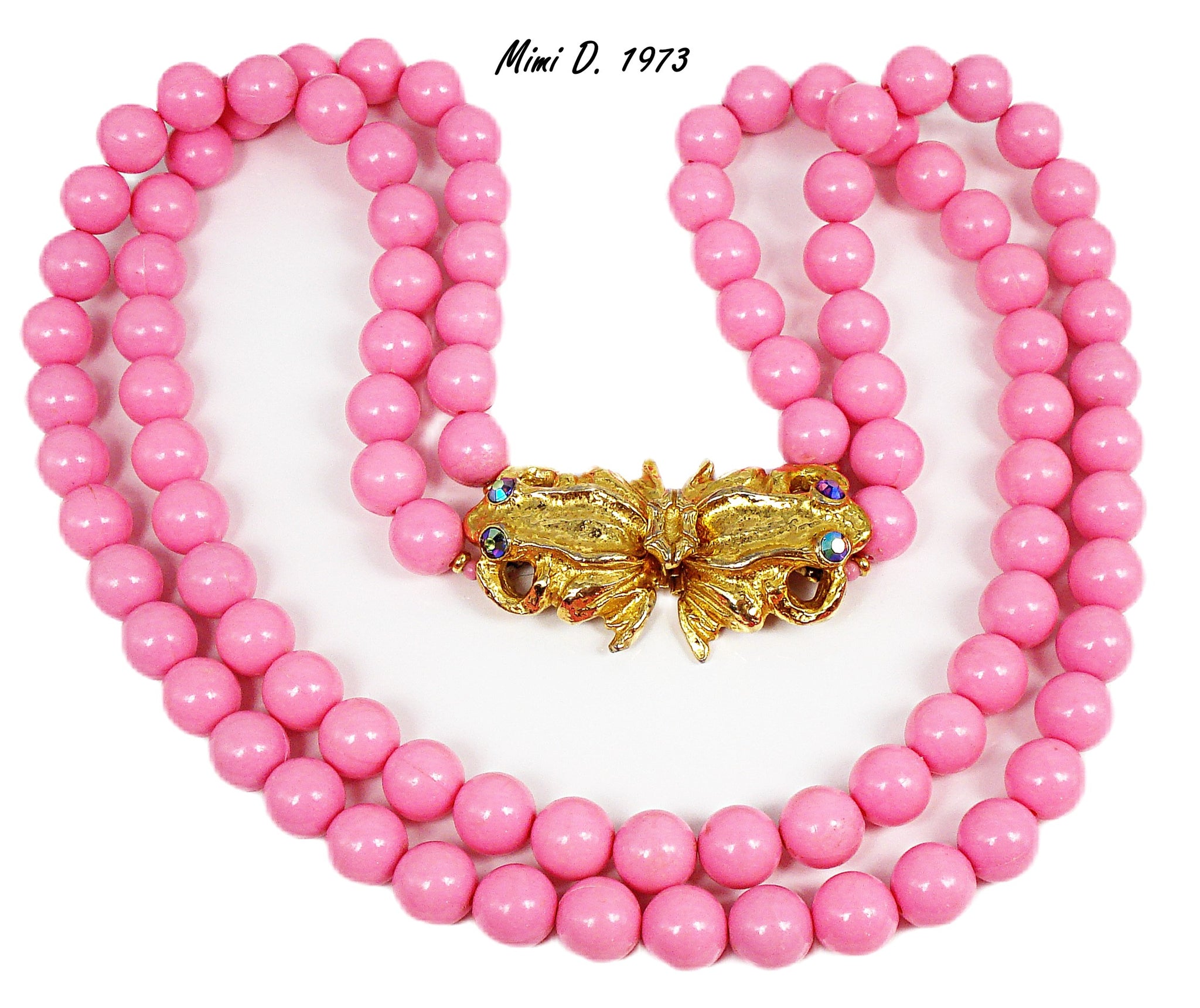 1973 Mimi D Necklace 2 strand Bubble Gum Pink 12mm Beads 2.5" Frogs Clasp 24-26"