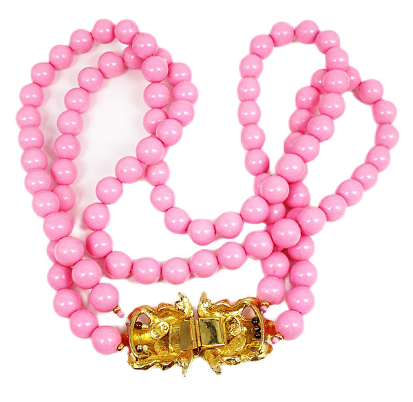 1973 Mimi D Necklace 2 strand Bubble Gum Pink 12mm Beads 2.5" Frogs Clasp 24-26"