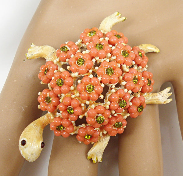 HAR Turtle Brooch Pin 2" Coral Ball Flowers Olivine Rhinestones Enamel Red Eyes