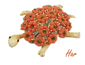 HAR Turtle Brooch Pin 2" Coral Ball Flowers Olivine Rhinestones Enamel Red Eyes