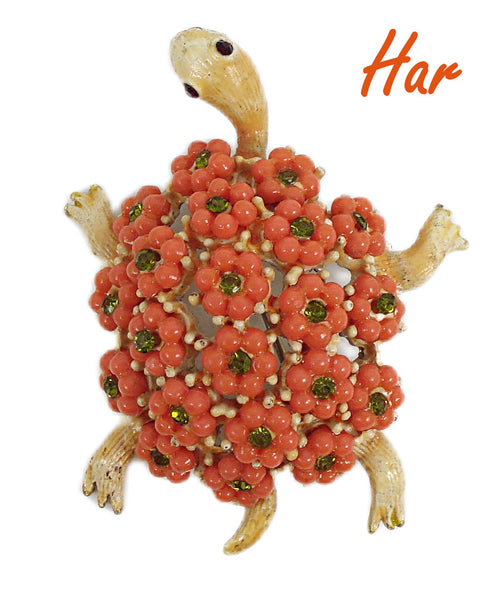 HAR Turtle Brooch Pin 2" Coral Ball Flowers Olivine Rhinestones Enamel Red Eyes