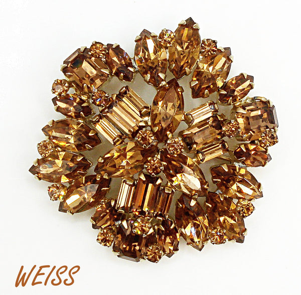 WEISS Signed Brooch 2 1/4" Light Colorado Topaz Snowflake Like