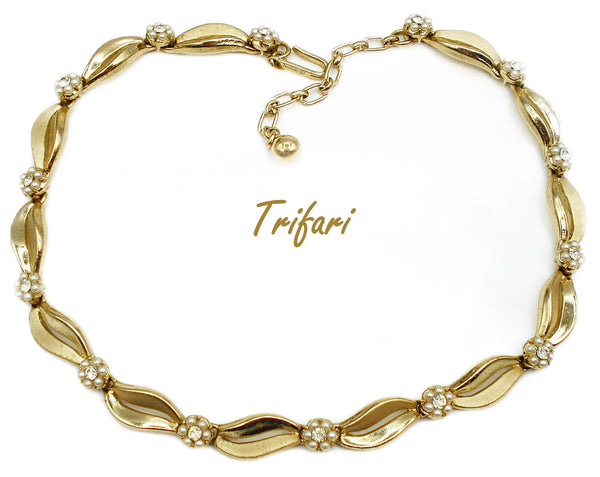 Trifari Choker Necklace Smooth Textured Ribbon Pearl Rhinestone Crystal Flower Clusters