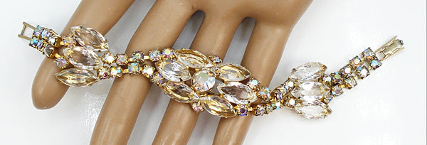 Vintage Bracelet Gold Tone Open Back Crystal Rhinestone Marquises AB Rounds