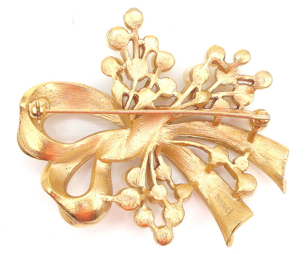 Trifari Brooch 2.5" Brushed Gold Tone Tied Bow on Pearl Bouquet