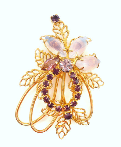 2.5" Brooch Gold Tone Amethyst Sabrina Marquises Rhinestones