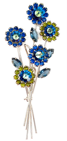 3 5/8" Flower Bouquet Brooch Bermuda Blue Margaritas Olivine Silver Tone