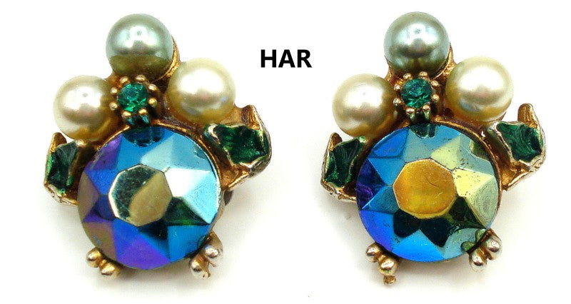 Signed HAR Earrings 15mm Large AB Dentelles Mint Creme Pearls Emerald Enamel 1"