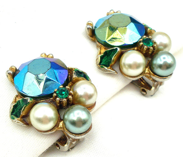 Signed HAR Earrings 15mm Large AB Dentelles Mint Creme Pearls Emerald Enamel 1"