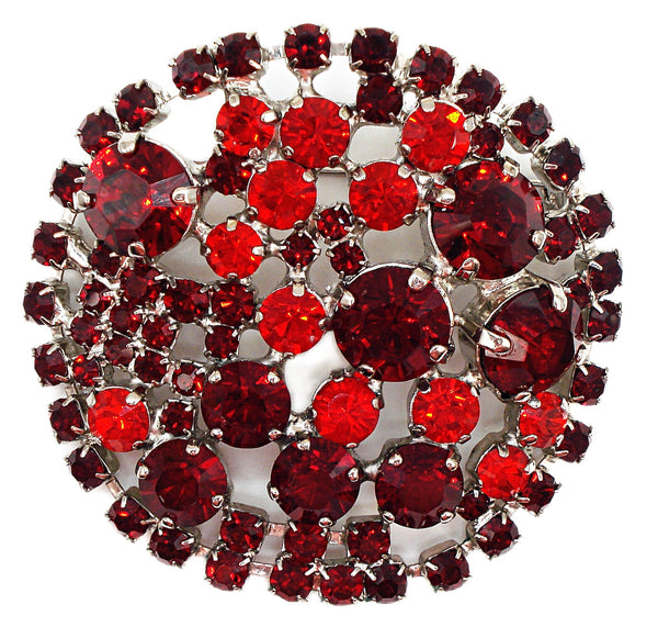 Brooch Holiday Red Siam and Light Siam Silver Tone Prong Set Rhinestones 2 1/4"