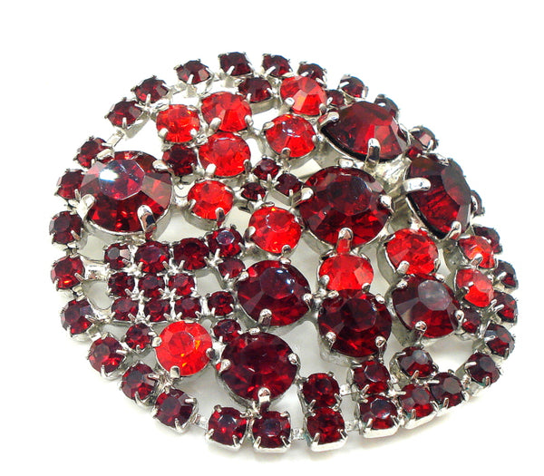 Brooch Holiday Red Siam and Light Siam Silver Tone Prong Set Rhinestones 2 1/4"