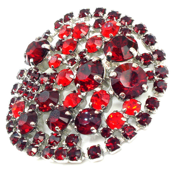 Brooch Holiday Red Siam and Light Siam Silver Tone Prong Set Rhinestones 2 1/4"