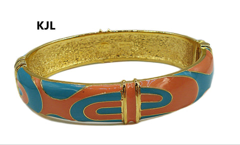 KJL Bracelet Oval Shape Clamper Coral and Turquoise Enamel Abstract Pattern