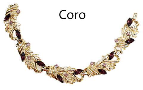 Coro Bracelet Gold Tone Amethyst Marquise Light Amethyst Round Rhinestones