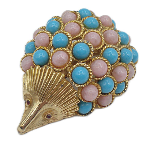 Adorable Porcupine Hedgehog Brooch Pink Blue Opaque Glass Cabochons 2"