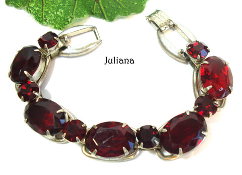 Juliana Bracelet 18x13mm Oval Siam Red Rhinestones Silver Tone 7" x 5/8"