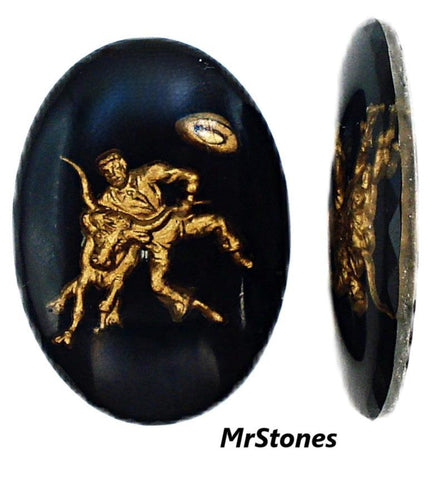 25x18mm Reverse Intaglio Black Gold Rodeo Cowboy Bull Oval Cabochon