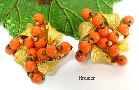 Kramer Earring Brushed Gold Tone Ribbon Coral Glass Beads 1" Square