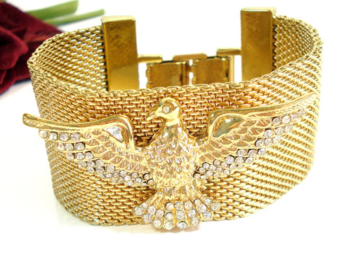 Unusual Mesh Bracelet Wide Crystal Rhinestone 2.5" Eagle Gold Tone