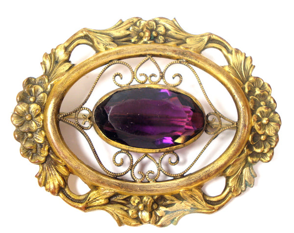 Antique Vintage Victorian Revival Brooch Amethyst Oval 2 3/8"