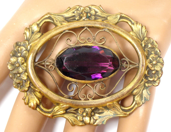 Antique Vintage Victorian Revival Brooch Amethyst Oval 2 3/8"