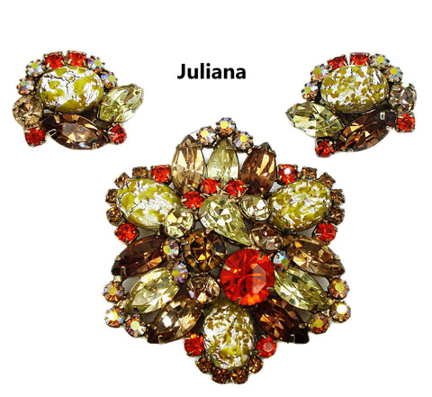 Juliana Set Brooch Earrings Assorted Fall Color Stones Rhinestones Rare Cabs Gold Tone