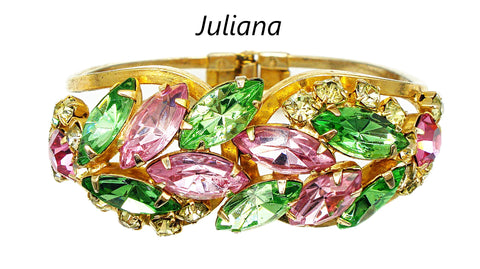 Juliana Clamper Bracelet Pastel Rose Peridot Jonquil Prong Set Gold Tone