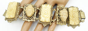 Selini Selro Bracelet Gold Tone Ivory Color Carved Floral Panels 2 Asian Faces