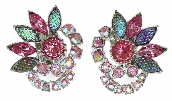 Earrings 1 3/8" Pretty Rose Pinks and AB's Textured Marquises Rhinestones