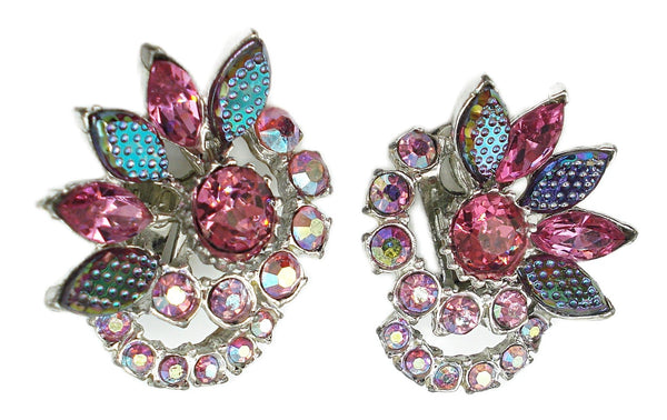 Earrings 1 3/8" Pretty Rose Pinks and AB's Textured Marquises Rhinestones