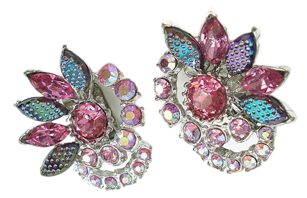 Earrings 1 3/8" Pretty Rose Pinks and AB's Textured Marquises Rhinestones