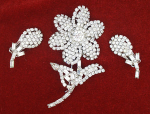 Brooch Earring Set 3 1/4" Flower Petals Rhodium Plated Crystal Rhinestones