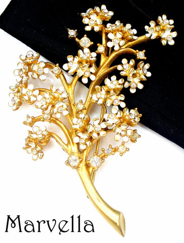 Marvella Flowers Brooch 3.5" White Enamel Crystal Rhinestones