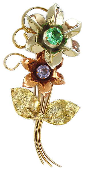 4" Flowers Brooch 3 Gold Tones Bouquet Peridot Light Amethyst Dentelles