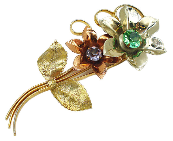 4" Flowers Brooch 3 Gold Tones Bouquet Peridot Light Amethyst Dentelles