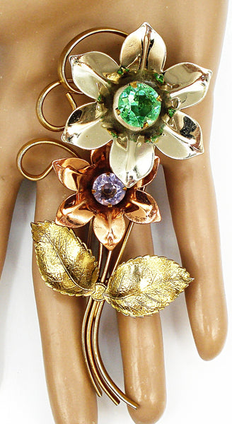 4" Flowers Brooch 3 Gold Tones Bouquet Peridot Light Amethyst Dentelles