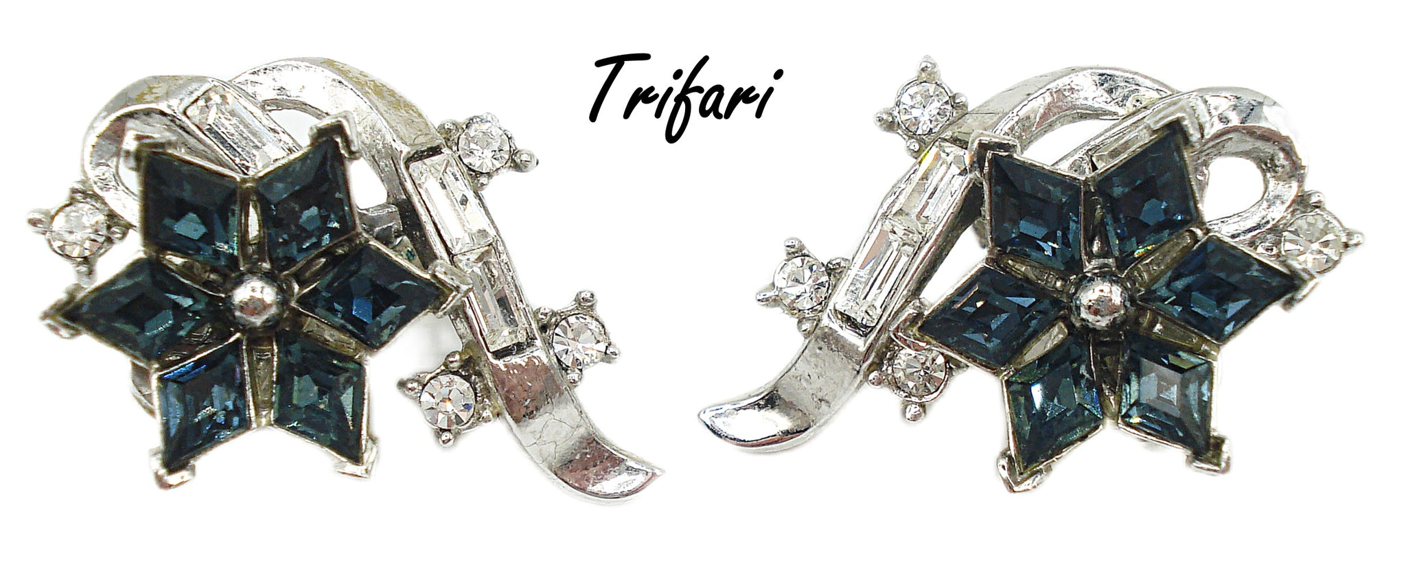 Trifari Earrings - Dark Sapphire Diamond Shape Rhinestones Star Flower Crystal Accents