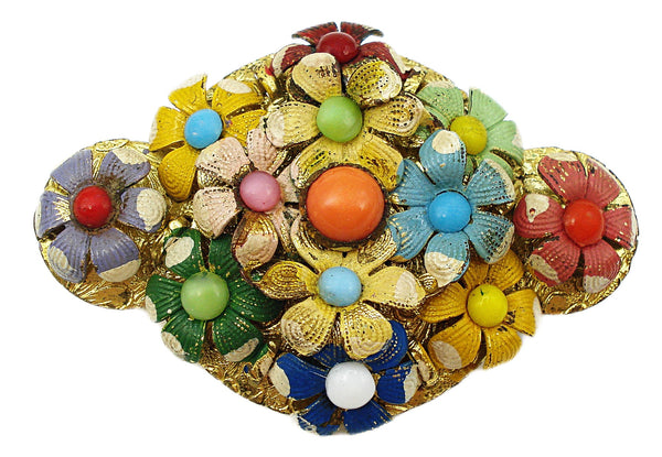 Old Brooch C Clasp 2" Multi Color Enamel Flowers and Balls Stones Gold Tone