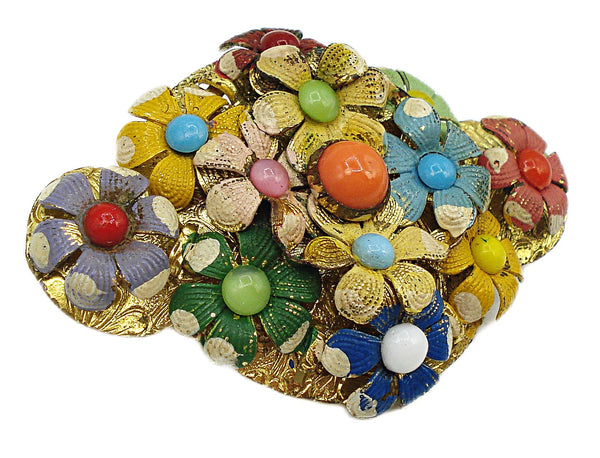 Old Brooch C Clasp 2" Multi Color Enamel Flowers and Balls Stones Gold Tone