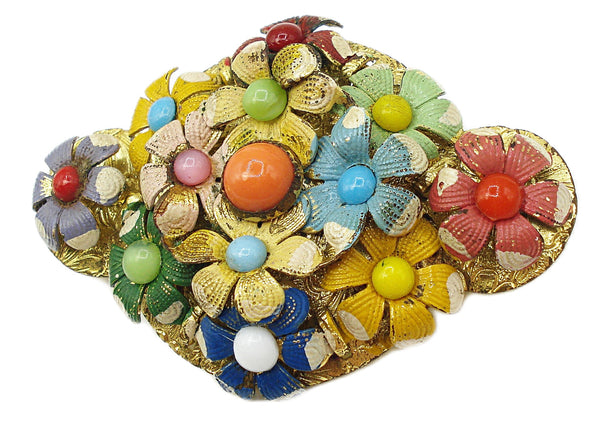 Old Brooch C Clasp 2" Multi Color Enamel Flowers and Balls Stones Gold Tone